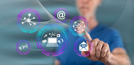 Man touching an online marketing concept on a touch screen with his finger