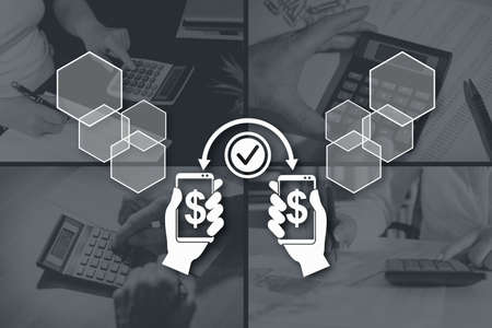 Money transfer concept illustrated by pictures on background