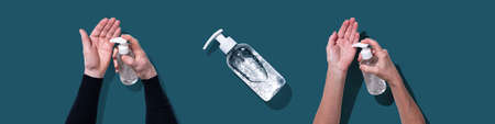 Hands using sanitizer bottle dispenser for virus preventive measure on petrol blue background; top...
