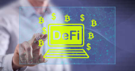 Man touching a defi concept on a touch screen with his finger