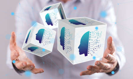 Machine learning concept above the hands of a man in background