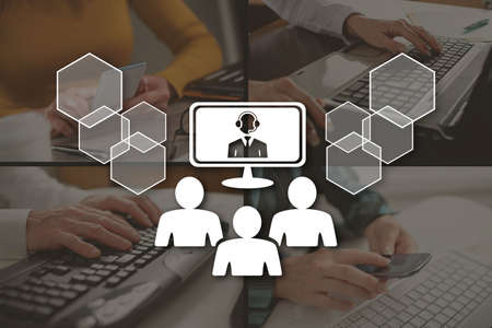 Video conference concept illustrated by pictures on background