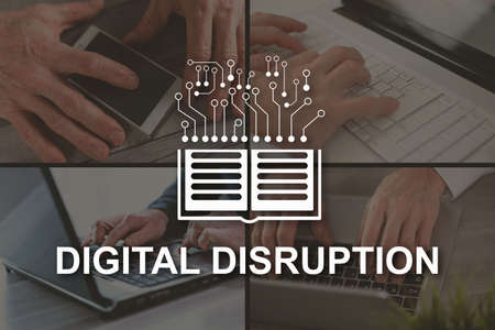 Digital disruption concept illustrated by pictures on backgroundの写真素材