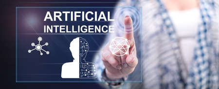 Woman touching an artificial intelligence concept on a touch screen with her fingerの写真素材