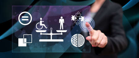 Woman touching a social equality concept on a touch screen with her finger