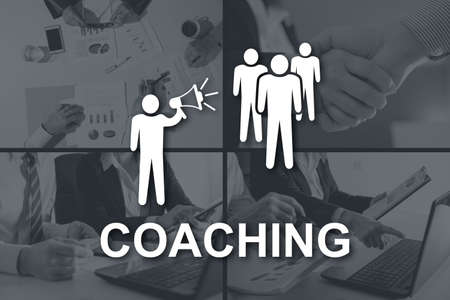 Coaching concept illustrated by pictures on backgroundの写真素材