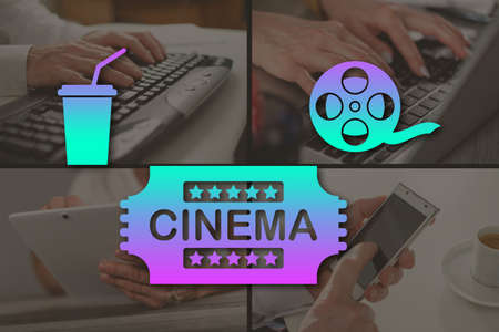 Cinema concept illustrated by pictures on backgroundの写真素材