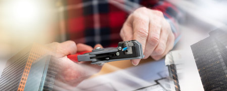 Electrician hands stripping a wire; multiple exposureの写真素材