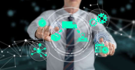 Man touching a delivery concept on a touch screen with his fingers