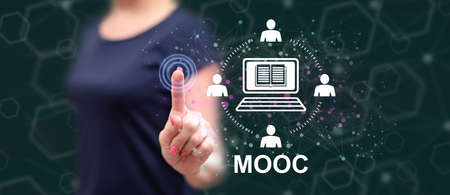 Woman touching a mooc concept on a touch screen with her fingerの写真素材