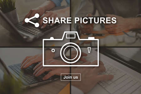Pictures sharing concept illustrated by pictures on backgroundの写真素材
