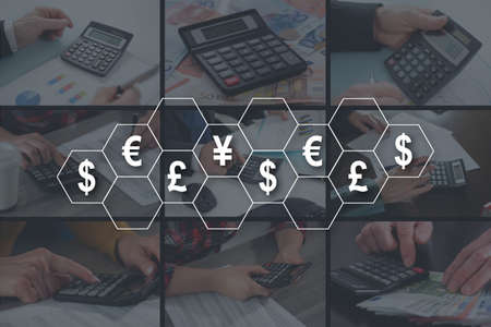 Currencies concept illustrated by pictures on backgroundの写真素材