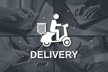 Delivery concept illustrated by pictures on background