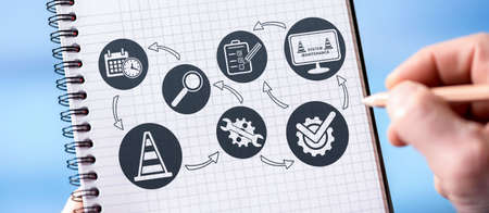 Hand drawing system maintenance concept on a notepad