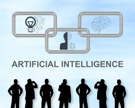Silhouettes of men looking at an artificial intelligence concept