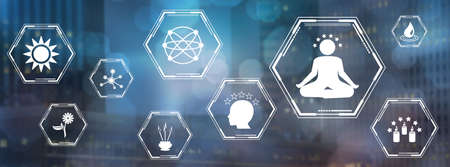 Concept of meditation with icons on blurred dark backgroundの写真素材