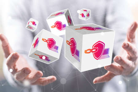 Cybersecurity concept above the hands of a man in background