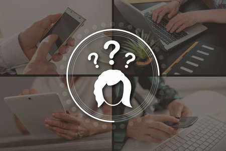 Question concept illustrated by pictures on backgroundの写真素材