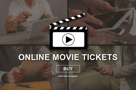 Online movie tickets concept illustrated by pictures on background