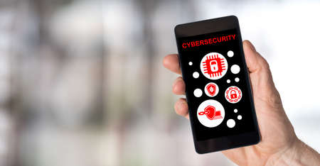 Smartphone screen displaying a cybersecurity conceptの写真素材