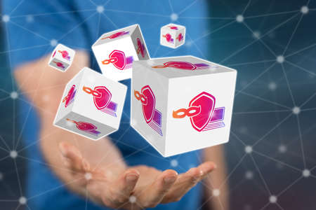 Cybersecurity concept above the hand of a man in background