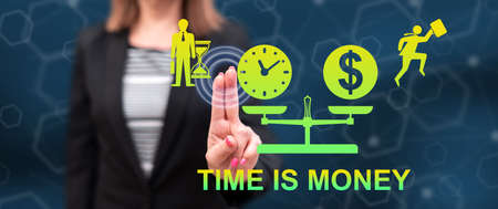 Woman touching a time is money concept on a touch screen with her fingers