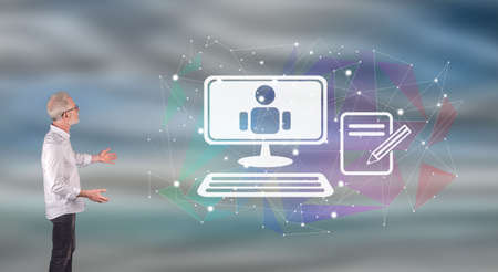 Businessman showing an online education concept on a wall screen