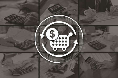 Purchase concept illustrated by pictures on backgroundの写真素材