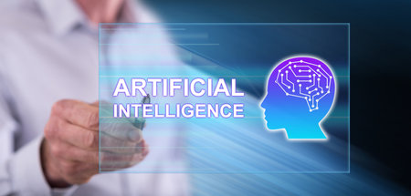 Man touching an artificial intelligence concept on a touch screen with a pen