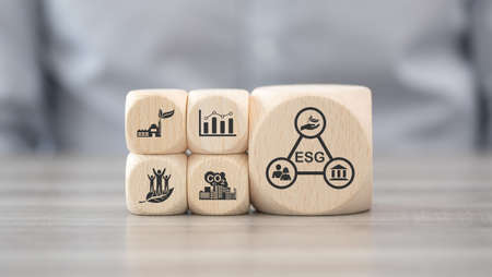 Wooden blocks with symbol of esg conceptの写真素材
