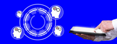 Finger pointing on digital tablet with artificial intelligence concept on background