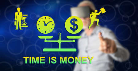 Man with vr headset touching a time is money concept on a touch screen with his finger