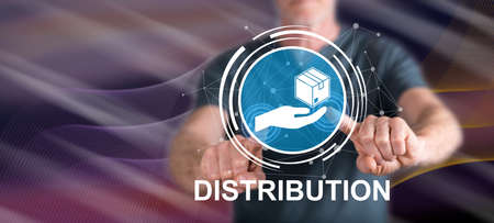 Man touching a distribution concept on a touch screen with his fingersの写真素材