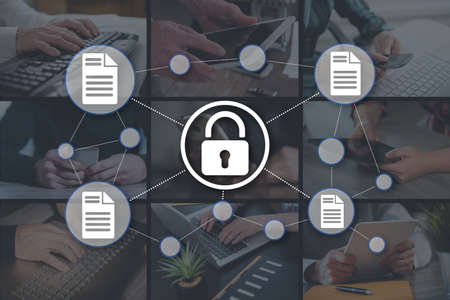 Data protection concept illustrated by pictures on backgroundの写真素材