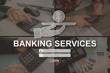Banking services concept illustrated by pictures on backgroundの写真素材