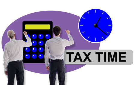 Tax time concept drawn on a white wall by businessmenの写真素材