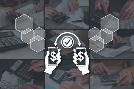 Money transfer concept illustrated by pictures on backgroundの写真素材