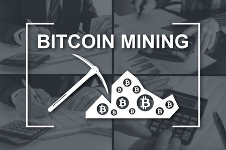 Bitcoin mining concept illustrated by pictures on backgroundの写真素材