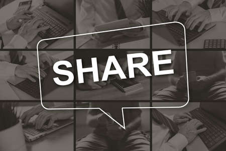 Share concept illustrated by pictures on backgroundの写真素材