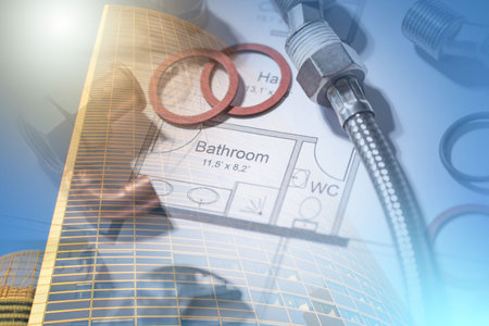 Plumbing equipment on a blueprint; multiple exposureの写真素材
