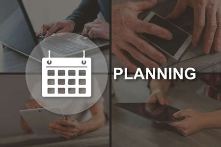 Planning concept illustrated by pictures on backgroundの写真素材