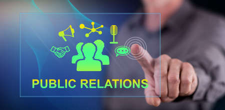 Man touching a public relations concept on a touch screen with his fingerの写真素材