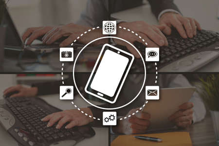 Mobile apps concept illustrated by pictures on background