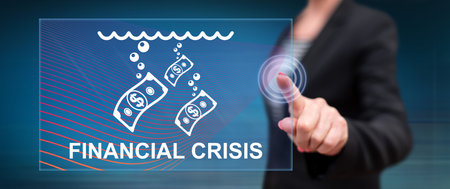 Woman touching a financial crisis concept on a touch screen with her fingerの写真素材
