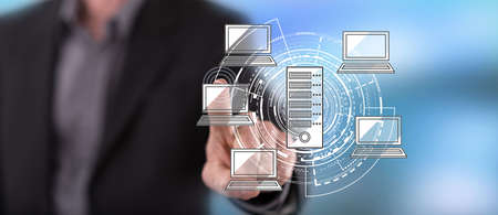 Man touching a hosting concept on a touch screen with his finger