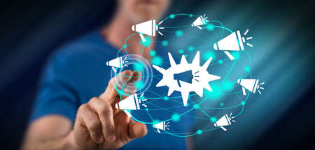 Man touching a network communication concept on a touch screen with his finger