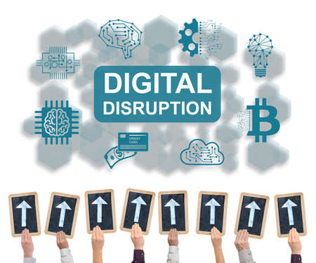 Hands holding writing slates with arrows pointing on digital disruption conceptの写真素材
