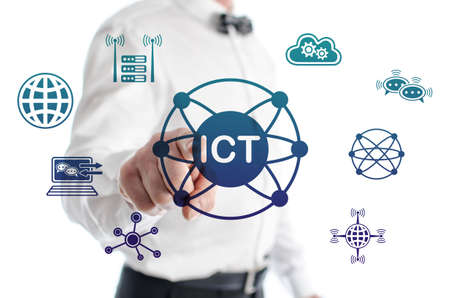 ICT concept shown by a man in backgroundの写真素材
