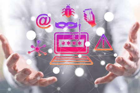 Phishing concept above the hands of a man in background