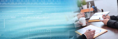 Group of three people working together. teamwork concept; panoramic banner